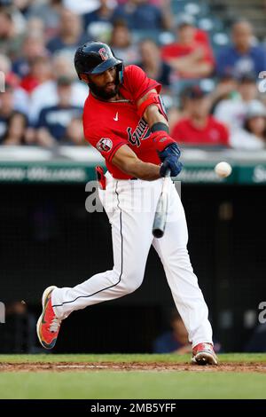 Cleveland Guardians' Josh Naylor looks on during the second inning of a  baseball game against the Miami Marlins, Sunday, April 23, 2023, in  Cleveland. (AP Photo/Nick Cammett Stock Photo - Alamy