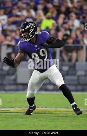 Baltimore Ravens linebacker Odafe Oweh (99) in action during the third  quarter an NFL preseason football game against the New Orleans Saints  Saturday, Aug. 14, 2021, in Baltimore. (AP Photo/Terrance Williams Stock