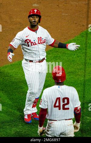 Jean Segura and Bryson Stott after clinching the first playoff berth of  their Major League careers : r/philliesmemes