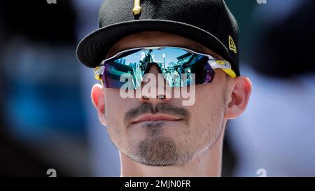 Pittsburgh Pirates' Bryan Reynolds waits his turn in the batting cage  before a baseball game against the Chicago White Sox in Pittsburgh,  Saturday, April 8, 2023. (AP Photo/Gene J. Puskar Stock Photo 