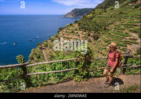Italia, Liguria, Parque Nacional de Cinque Terre catalogado como Patrimonio de la Humanidad por la UNESCO, excursionista que desciende hasta el pueblo de Vernazza, por debajo de los excursionistas en la ruta costera GR 592 que pasa a través del viñedo en terrazas entre Monterosso y Vernazza Foto de stock