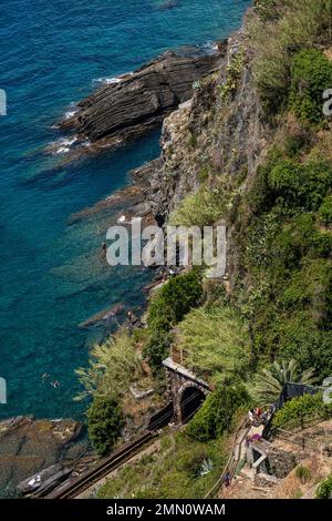 Italia, Liguria, Parque Nacional Cinque Terre declarado Patrimonio de la Humanidad por la UNESCO, pueblo de Vernazza, excursionistas en el GR 592 camino costero con vistas a la línea ferroviaria y nadadores a los pies de los acantilados Foto de stock