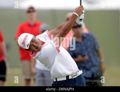 Hideki Matsuyama, of Japan, hits off the second tee during the third round of the AT&T Byron Nelson golf tournament in Dallas Saturday, May 19, 2018. (AP Photo/Eric Gay')