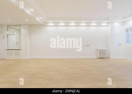 Sala de estar vacía con pisos de madera clara recién colocados, un aparador con espejo y un radiador de hierro fundido pintado de blanco Foto de stock