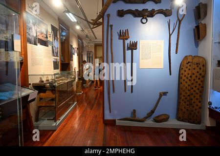 Exposiciones en el interior del museo del faro de Maspalomas, Latarnia Morska, historia de la agricultura en la isla, Gran Canaria Foto de stock