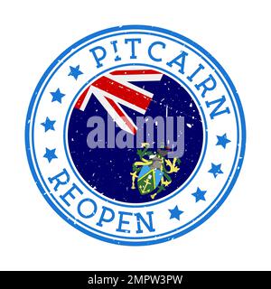 Sello de reapertura de Pitcairn. Insignia redonda del país con bandera de Pitcairn. Reapertura después de la señal de bloqueo. Ilustración vectorial. Ilustración del Vector