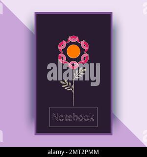 diseño púrpura de la cubierta del cuaderno con la flor rosa, tarjeta púrpura del diseño del diario de la cubierta del diario Foto de stock