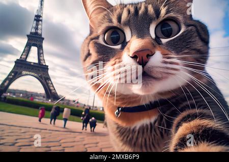 Haga recuerdos para atesorar para siempre con este felino de deseo de viajar, haciendo una pose para una selfie perfecta con el magnífico telón de fondo de la Foto de stock