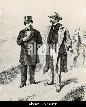El estadista y diplomático alemán Otto von Bismarck y el presidente francés Napoleón III en la reunión de Biarritz, ilustración 1865 Foto de stock