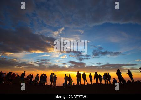 Silueta de personas que ven la puesta de sol desde la cima de Haleakala en el Parque Nacional Haleakala; Maui, Hawai, Estados Unidos de América Foto de stock