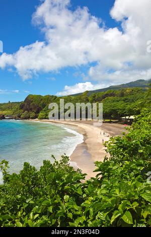 Hermosa playa de Hamoa a lo largo de la costa de Maui; Hana, Maui, Hawai, Estados Unidos de América Foto de stock