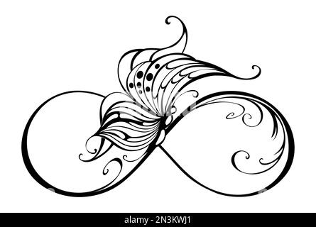 Símbolo de infinito negro con una polilla sentada, artísticamente dibujada sobre fondo blanco. Estilo de tatuaje. Mariposa de contorno. Ilustración del Vector