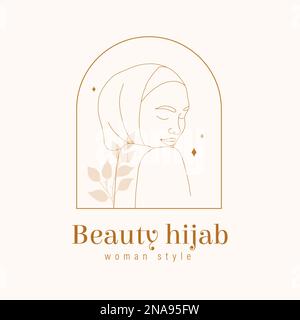 Plantilla de logotipo de belleza Hijab. Retrato femenino elegante en estilo minimalista de moda. Ilustración vectorial lineal Ilustración del Vector