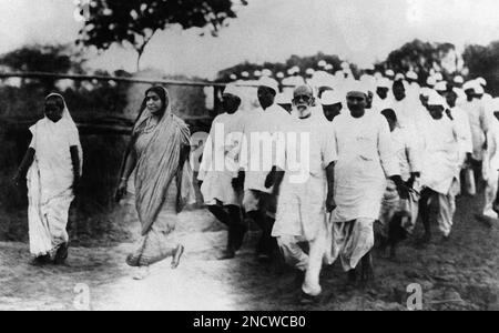 Sarojini Naidu, the leader of the Dharasana Satyagraha, the protest against salt taxes, at the head of her followers with Kasturba Gandhi, the wife of Mahatma Gandhi, unseen, arriving at Dharasana, India around May 27, 1930, to march on the salt depot. (AP Photo)