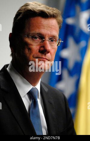 German Foreign Minister Guido Westerwelle attends a press conference with Bosnian Prime Minister Sven Alkalaj, not seen, in Sarajevo, Bosnia, Friday, Aug. 27, 2010. (AP Photo/Sulejman Omerbasic)