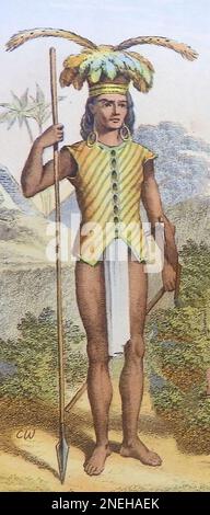 Un grabado de colores de finales del siglo 19th que muestra el vestido típico de los nativos de las islas asiáticas - Un hombre Saghai Dyak de la costa noreste Foto de stock