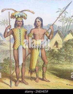 Un grabado de colores de finales del siglo 19th que muestra el vestido típico de los nativos de las islas asiáticas - Saghai Dyaks Un hombre de la costa noreste (izquierda) y uno de la costa suroeste (derecha) Foto de stock