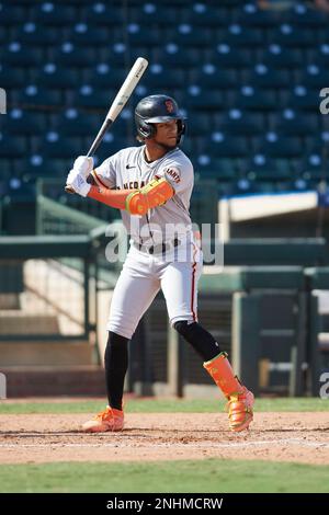 Luis Matos (6) (San Francisco Giants) of the Scottsdale Scorpions during an  Arizona Fall League game against the Surprise Saguaros on October 20, 2022  at Surprise Stadium in Surprise, Arizona. (Tracy Proffitt/Four