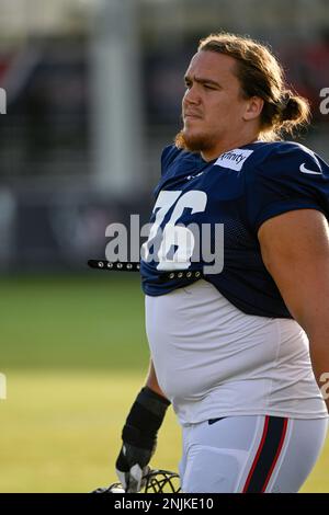 New Orleans, USA. 27th Aug, 2023. Houston Texans offensive tackle Austin  Deculus (76) and center Jarrett Patterson (68) both close in on New Orleans  Saints defensive end Kyle Phillips (91) During a