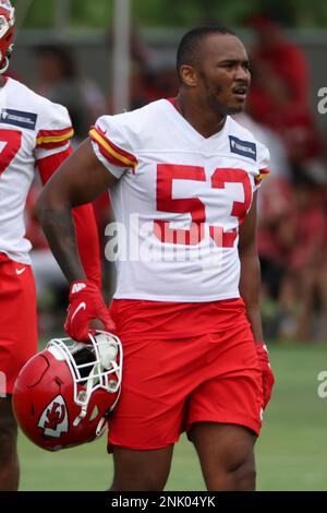 Kansas City Chiefs linebacker Jermaine Carter (53) gets set on defense  during an NFL pre-season football game against the Green Bay Packers  Thursday, Aug. 25, 2022, in Kansas City, Mo. (AP Photo/Peter