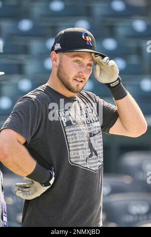 August 4 2021: Colorado Rockies outfielder Connor Joe (9) during batting  practice before the game with Colorado Rockies held at Coors Field in  Denver Co. David Seelig/Cal Sport Medi(Credit Image: © David