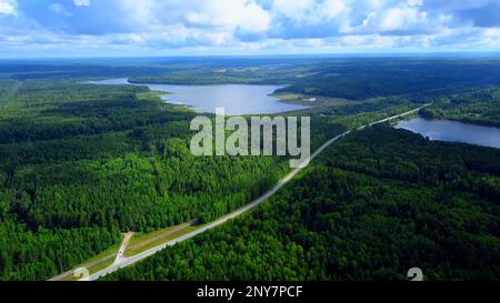 Vista aérea de un camino estrecho que se convierte en un puente sobre el largo río. Abrazadera. Bosque verde y cielo azul nublado Foto de stock