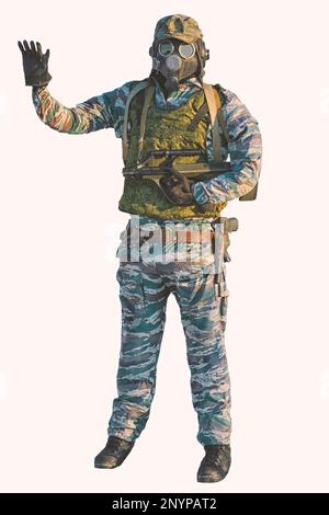 Maniquí en uniforme de camuflaje militar y máscara de gas aislado primer plano. Foto de stock
