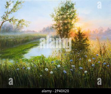 Pintura al óleo original del paisaje de la primavera de beautifl, salida del sol brumosa sobre el lago en canvas.Modern Impresionismo, modernismo, marinismo Foto de stock