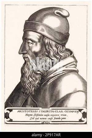 Aristóteles (384-322 a. C.), filósofo griego antiguo y polímata, grabado de retrato por René Boyvin, 1566 Foto de stock