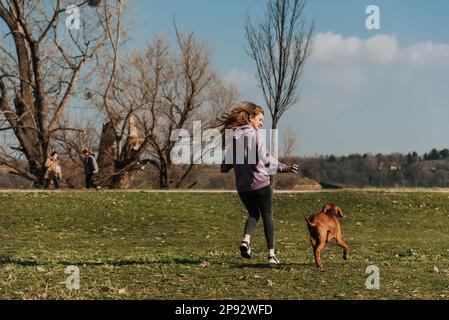 Chica corriendo y jugando a la pelota con el perro en el parque Foto de stock