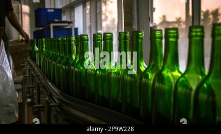 botella de vino en planta embotelladora de fábrica de fila Foto de stock