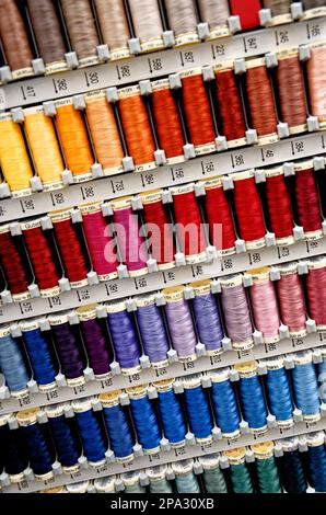 Conjunto de hilos multicolores para coser - muchos colores diferentes hilos de coser dispuestos en una paleta. Artesanía de hobby Foto de stock