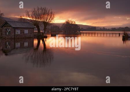 Vista del lago al amanecer en el nivel alto del agua, lago Llangorse, Brecon Beacons N. P. Powys, Gales, Reino Unido, Europa Foto de stock