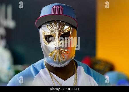 Randy Arozarena of Team Mexico wears a luchador mask in the dugout