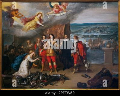 Louis XIII (1601-1643) recevant les clefs de La Rochelle. La jeune femme a genoux est l'allegorie de La Rochelle, suivie du corps de ville. Les trois personnages qui entourent le roi sont les principaux chefs militaires des operations menees contre les anglais en octubre de 1628, Francois de Bassompierre (1579-1646) (a droite), Charles d'Angouleme (1573-1650) (au centre) y Henri de Schomberg (1575-1632) (a gauche). Le boulet pose sur le socle a droite evoque le sang froid du roi lorsqu'un boulet tomba a quelques meters de lui, sans qu'il en soit emu. A l'arriere plan sont evoques la ville de La Foto de stock