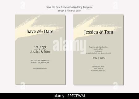 Invitación de boda y guardar la plantilla de tarjeta de fecha con pincel de manchas y diseño minimalista gris. Ilustración del Vector