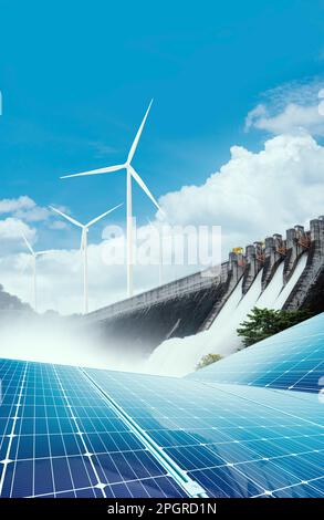 Electricidad de paneles solares, presas y turbinas eólicas. Concepto de energía renovable respetuoso con el medio ambiente. Foto de stock