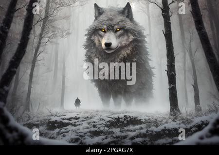 Lobo gigante, Warg Fenrir, mirándote a través de árboles cubiertos de nieve  en el bosque del norte al crepúsculo. Generado por AI Fotografía de stock -  Alamy