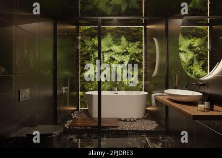 Representación 3D del interior del baño, inodoro negro, diseño oscuro, minimalismo, clásicos modernos combinados con plantas tropicales, naturaleza, hojas en la pared, e Foto de stock
