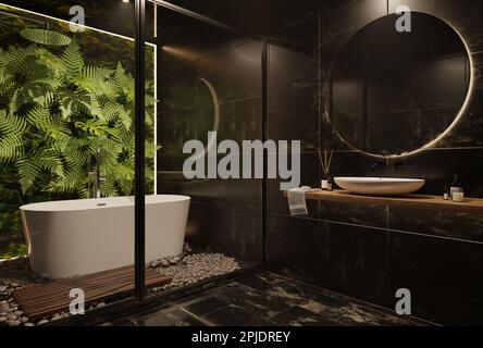 Representación 3D del interior del baño, inodoro negro, diseño oscuro, minimalismo, clásicos modernos combinados con plantas tropicales, naturaleza, estilo ecológico, tendencia. Foto de stock