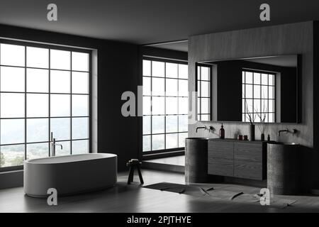 Cuarto De Baño Negro Y Gris Con Vistas Panorámicas Stock de