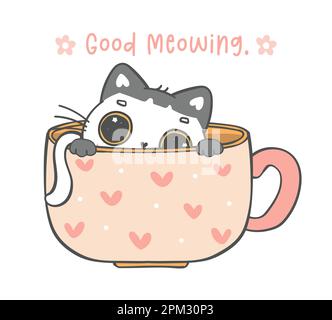 lindo gato juguetón divertido gatito en taza de café, buen maullido, doodle animal de dibujos animados handrawing Ilustración del Vector