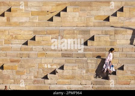India, Gujarat, Patan, catalogado como Patrimonio de la Humanidad por la UNESCO, Rani ki Vav (el pozo de la reina), mujer en los escalones del pozo Foto de stock