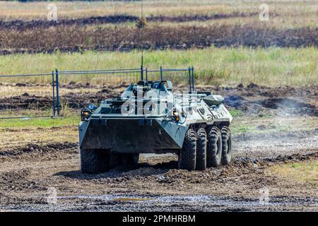 Combate el vehículo de transporte de personal blindado anfibio BTR-80 del ejército ruso en las actuaciones de demostración Foto de stock
