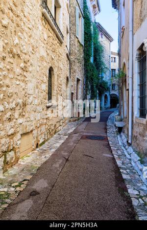 Calle estrecha, ciudad medieval de Saint Paul de Vence, departamento de Alpes Marítimos, Costa Azul, Francia Foto de stock