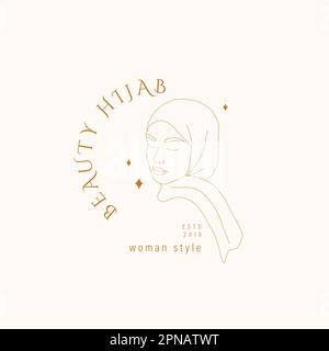Plantilla de logotipo de belleza Hijab. Retrato femenino elegante en estilo minimalista de moda. Ilustración vectorial lineal Ilustración del Vector
