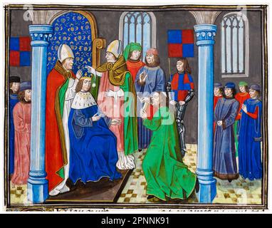 Coronación de Enrique IV de Inglaterra (1367-1413), rey de Inglaterra (1399-1413), sobre el 13 de octubre de 1399, pintura manuscrita iluminada en miniatura de Jean Froissart, circa 1480 Foto de stock