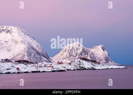 Noruega, Troms y Finnmark, cabañas aisladas en la costa cubierta de nieve de la isla de Senja Foto de stock
