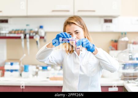 una joven científica lleva a cabo experimentos químicos en un laboratorio de investigación Foto de stock