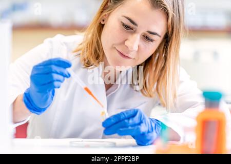 joven científica rubia caucásica lleva a cabo experimentos químicos en un laboratorio de investigación Foto de stock